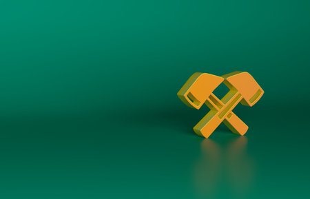 Orange Firefighter axe icon isolated on green background. Fire axe. Minimalism concept. 3D render illustrationの写真素材