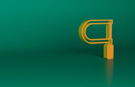 Orange Hacksaw icon isolated on green background. Metal saw for wood and metal. Minimalism concept. 3D render illustrationの写真素材