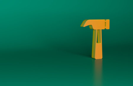 Orange Hammer icon isolated on green background. Tool for repair. Minimalism concept. 3D render illustrationの写真素材