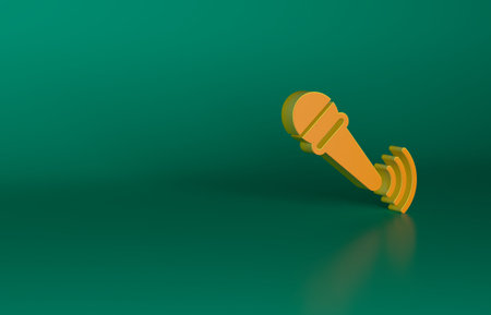 Orange Wireless microphone icon isolated on green background. On air radio mic microphone. Speaker sign. Minimalism concept. 3D render illustrationの写真素材