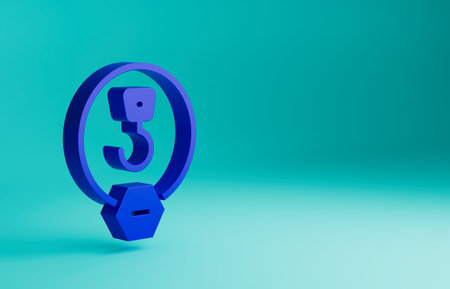 Blue Industrial hook icon isolated on blue background. Crane hook icon. Minimalism concept. 3D render illustrationの写真素材