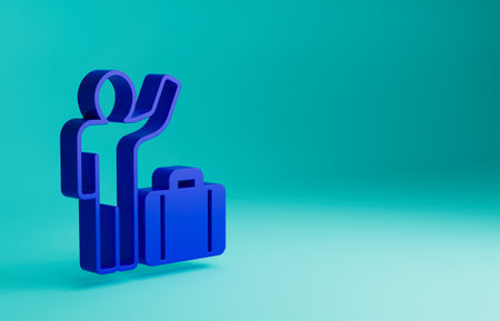 Blue Tourist with suitcase icon isolated on blue background. Travelling, vacation, tourism concept. Minimalism concept. 3D render illustrationの写真素材