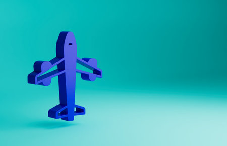 Blue Plane icon isolated on blue background. Flying airplane icon. Airliner sign. Minimalism concept. 3D render illustrationの写真素材