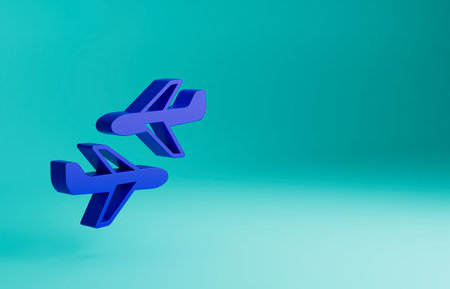 Blue Plane icon isolated on blue background. Flying airplane icon. Airliner sign. Minimalism concept. 3D render illustrationの写真素材