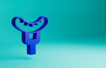 Blue Sausage on the fork icon isolated on blue background. Grilled sausage and aroma sign. Minimalism concept. 3D render illustrationの写真素材