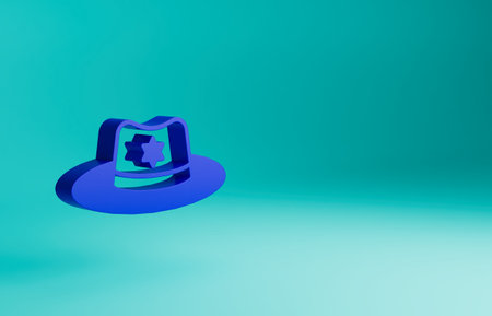 Blue Sheriff hat with badge icon isolated on blue background. Minimalism concept. 3D render illustrationの写真素材