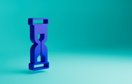 Blue Old hourglass with flowing sand icon isolated on blue background. Sand clock sign. Business and time management concept. Minimalism concept. 3D render illustrationの写真素材