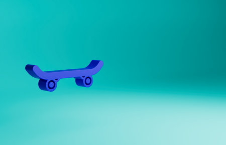 Blue Skateboard icon isolated on blue background. Extreme sport. Sport equipment. Minimalism concept. 3D render illustrationの写真素材