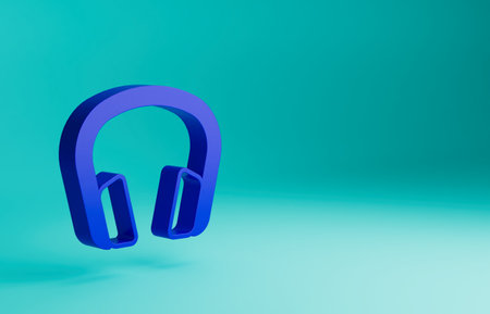 Blue Headphones icon isolated on blue background. Earphones. Concept for listening to music, service, communication and operator. Minimalism concept. 3D render illustrationの写真素材