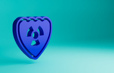 Blue Radioactive in shield icon isolated on blue background. Radioactive toxic symbol. Radiation Hazard sign. Minimalism concept. 3D render illustrationの写真素材