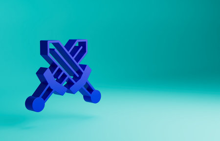Blue Crossed medieval sword icon isolated on blue background. Medieval weapon. Minimalism concept. 3D render illustrationの写真素材