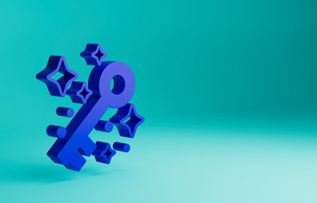 Blue Old magic key icon isolated on blue background. Minimalism concept. 3D render illustrationの写真素材