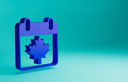 Blue Canada day with maple leaf icon isolated on blue background. 1-th of July Independence Day on the calendar with the Canada flag. Minimalism concept. 3D render illustrationの写真素材