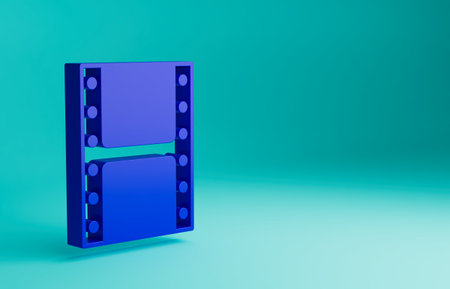 Blue Play video icon isolated on blue background. Film strip sign. Minimalism concept. 3D render illustrationの写真素材