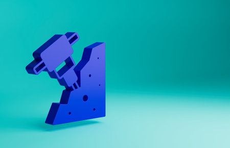 Blue Construction jackhammer and stone icon isolated on blue background. Minimalism concept. 3D render illustrationの写真素材