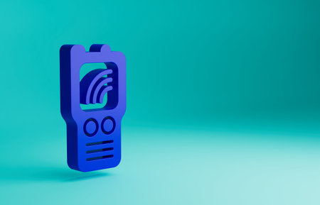 Blue Walkie talkie icon isolated on blue background. Portable radio transmitter icon. Radio transceiver sign. Minimalism concept. 3D render illustrationの写真素材