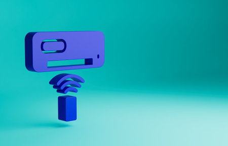 Blue Air conditioner icon isolated on blue background. Split system air conditioning. Cool and cold climate control system. Minimalism concept. 3D render illustrationの写真素材