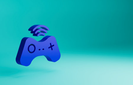 Blue Wireless gamepad icon isolated on blue background. Game controller. Minimalism concept. 3D...