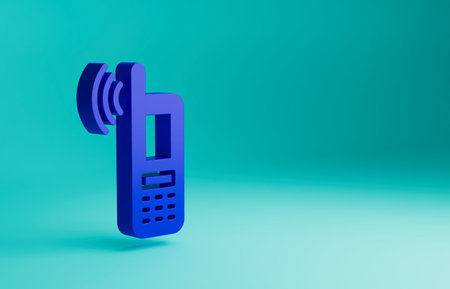 Blue Smartphone with free wi-fi wireless connection icon isolated on blue background. Wireless technology, wi-fi connection, wireless network. Minimalism concept. 3D render illustrationの写真素材