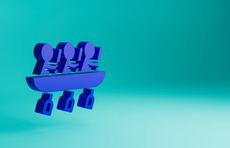 Blue Canoe rowing team sports icon isolated on blue background. Three athletes with oars rowing in boat. Teamwork concept. Minimalism concept. 3D render illustrationの写真素材