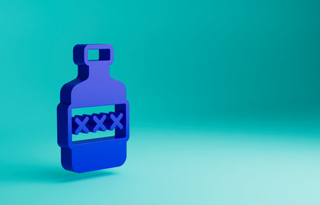 Blue Whiskey bottle icon isolated on blue background. Minimalism concept. 3D render illustrationの写真素材