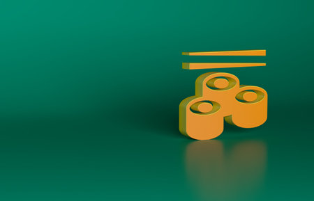 Orange Sushi icon isolated on green background. Traditional Japanese food. Minimalism concept. 3D render illustrationの写真素材