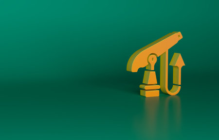 Orange Fishing harpoon icon isolated on green background. Fishery manufacturers for catching fish under water. Diving underwater equipment. Minimalism concept. 3D render illustrationの写真素材