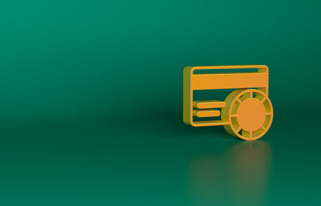 Orange Credit card icon isolated on green background. Online payment. Cash withdrawal. Financial operations. Shopping sign. Minimalism concept. 3D render illustrationの写真素材