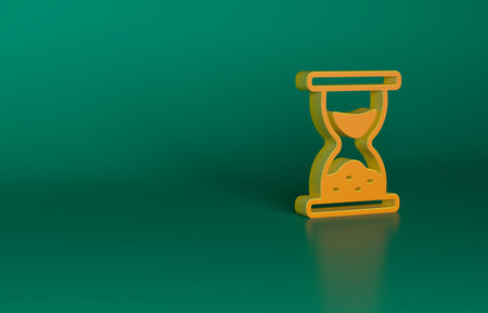Orange Old hourglass with flowing sand icon isolated on green background. Sand clock sign. Business and time management concept. Minimalism concept. 3D render illustrationの写真素材