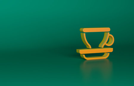 Orange Coffee cup icon isolated on green background. Tea cup. Hot drink coffee. Minimalism concept. 3D render illustrationの写真素材
