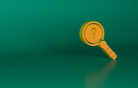 Orange Unknown search icon isolated on green background. Magnifying glass and question mark. Minimalism concept. 3D render illustrationの写真素材