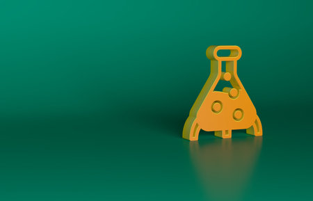 Orange Test tube and flask chemical laboratory test icon isolated on green background. Laboratory glassware sign. Minimalism concept. 3D render illustrationの写真素材