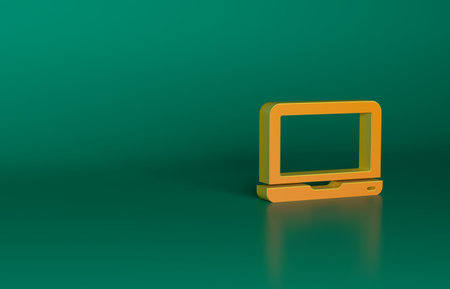 Orange Laptop icon isolated on green background. Computer notebook with empty screen sign. Minimalism concept. 3D render illustrationの写真素材