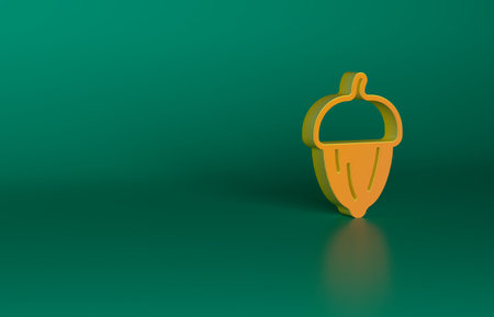 Orange Acorn icon isolated on green background. Minimalism concept. 3D render illustrationの写真素材