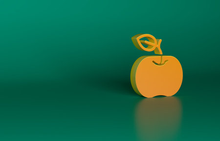 Orange Apple icon isolated on green background. Excess weight. Healthy diet menu. Fitness diet apple. Minimalism concept. 3D render illustrationの写真素材