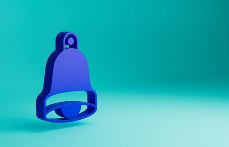 Blue Church bell icon isolated on blue background. Alarm symbol, service bell, handbell sign, notification symbol. Minimalism concept. 3D render illustrationの写真素材