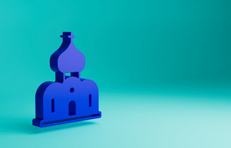 Blue Church building icon isolated on blue background. Christian Church. Religion of church. Minimalism concept. 3D render illustrationの写真素材