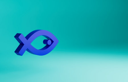 Blue Christian fish symbol icon isolated on blue background. Jesus fish symbol. Minimalism concept. 3D render illustrationの写真素材