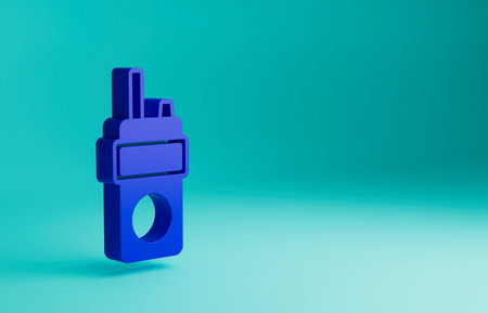 Blue Walkie talkie icon isolated on blue background. Portable radio transmitter icon. Radio transceiver sign. Minimalism concept. 3D render illustrationの写真素材