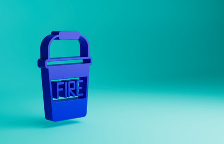 Blue Fire bucket icon isolated on blue background. Metal bucket empty or with water for fire fighting. Minimalism concept. 3D render illustrationの写真素材