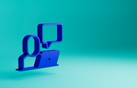 Blue Freelancer icon isolated on blue background. Freelancer man working on laptop at his house. Online working, distant job concept. Minimalism concept. 3D render illustrationの写真素材