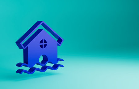 Blue House flood icon isolated on blue background. Home flooding under water. Insurance concept. Security, safety, protection, protect concept. Minimalism concept. 3D render illustrationの写真素材
