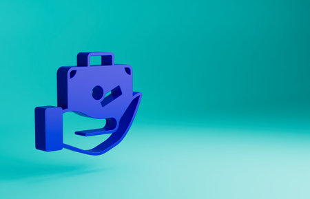 Blue Travel suitcase in hand icon isolated on blue background. Traveling baggage insurance. Security, safety, protection, protect concept. Minimalism concept. 3D render illustrationの写真素材