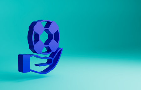 Blue Lifebuoy in hand icon isolated on blue background. Lifebelt symbol. Minimalism concept. 3D render illustrationの写真素材