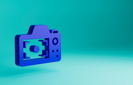 Blue Photo camera icon isolated on blue background. Foto camera. Digital photography. Minimalism concept. 3D render illustrationの写真素材