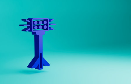 Blue Studio light bulb in softbox icon isolated on blue background. Shadow reflection design. Minimalism concept. 3D render illustrationの写真素材