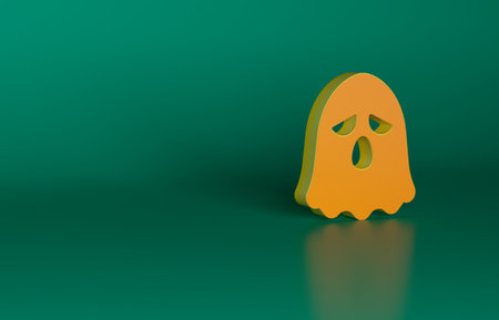 Orange Ghost icon isolated on green background. Happy Halloween party. Minimalism concept. 3D render illustrationの写真素材