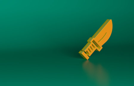 Orange Dagger icon isolated on green background. Knife icon. Sword with sharp blade. Minimalism concept. 3D render illustrationの写真素材