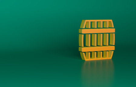 Orange Wooden barrel icon isolated on green background. Alcohol barrel, drink container, wooden keg for beer, whiskey, wine. Minimalism concept. 3D render illustrationの写真素材