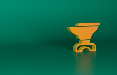 Orange Anvil for blacksmithing and hammer icon isolated on green background. Metal forging. Forge tool. Minimalism concept. 3D render illustrationの写真素材